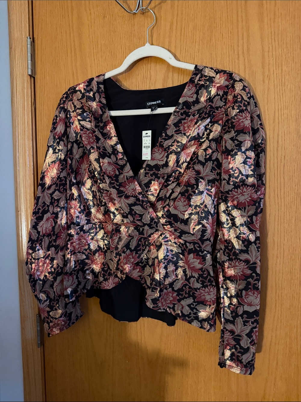 Express Metallic Floral Wrap Blouse - Black, Pink, Gold